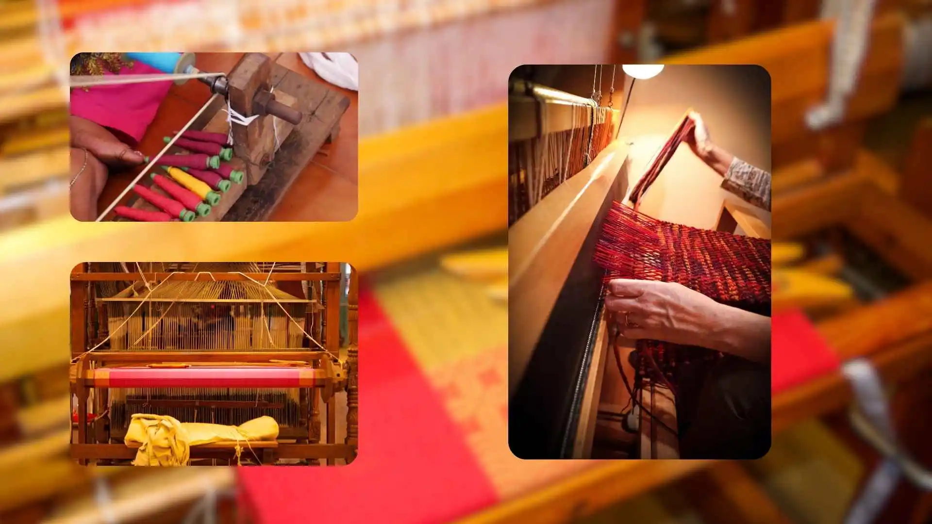 Indian artisan weaving on a traditional handloom, showcasing intricate fabric design.